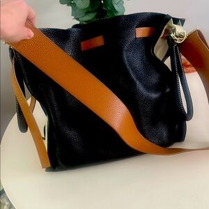 Tamara Mellon Black, Tan, and Bone color blocked Leather Tote Bag